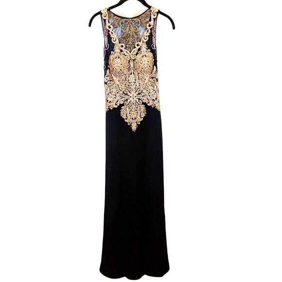 BLACK AND GOLD CRYSTAL EMBELLISHED SLEEVELESS EVENING GOWN PARTY DRESS - Picture 1 of 9